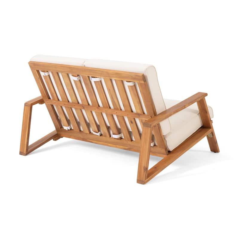 2-Piece Outdoor Acacia Wood Loveseat Sofa Chair Set with Coffee Table