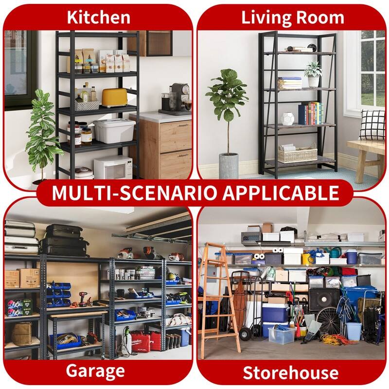 4/5 Tier Adjustable Metal Storage Shelves Bookcase, Black/Natural, 48"/63"H