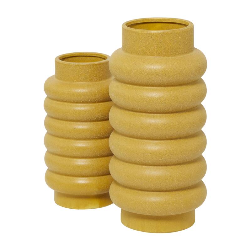 Ceramic Decorative Vase with Ring Ribbing - Set of 2 White, Yellow, Dark Blue - CosmoLiving by Cosmopolitan