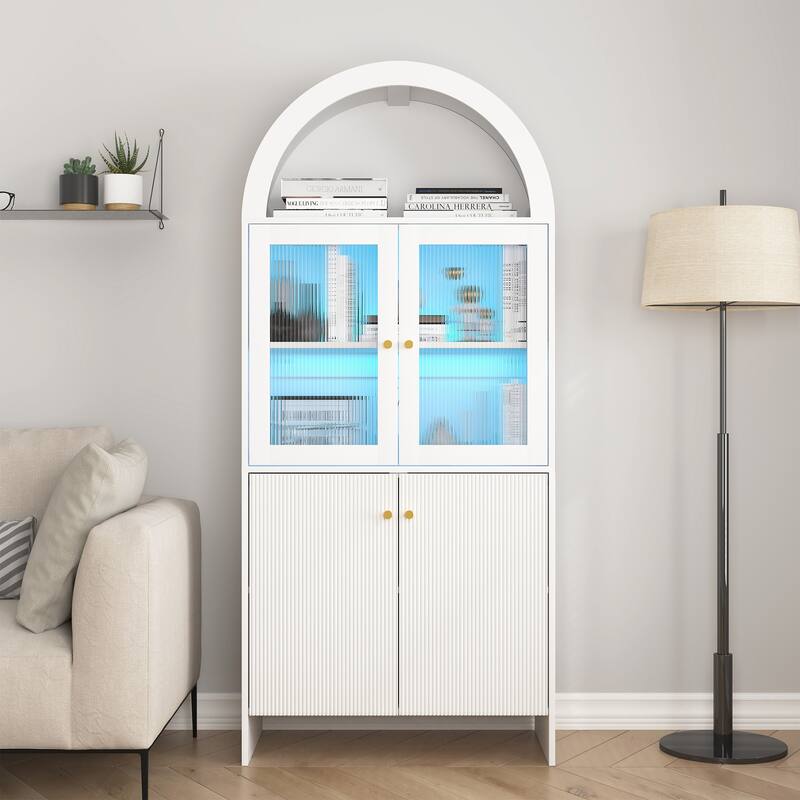 Anmytek Lighted Display Cabinet Pantry Storage with LED Dome Top Modern Home Decor