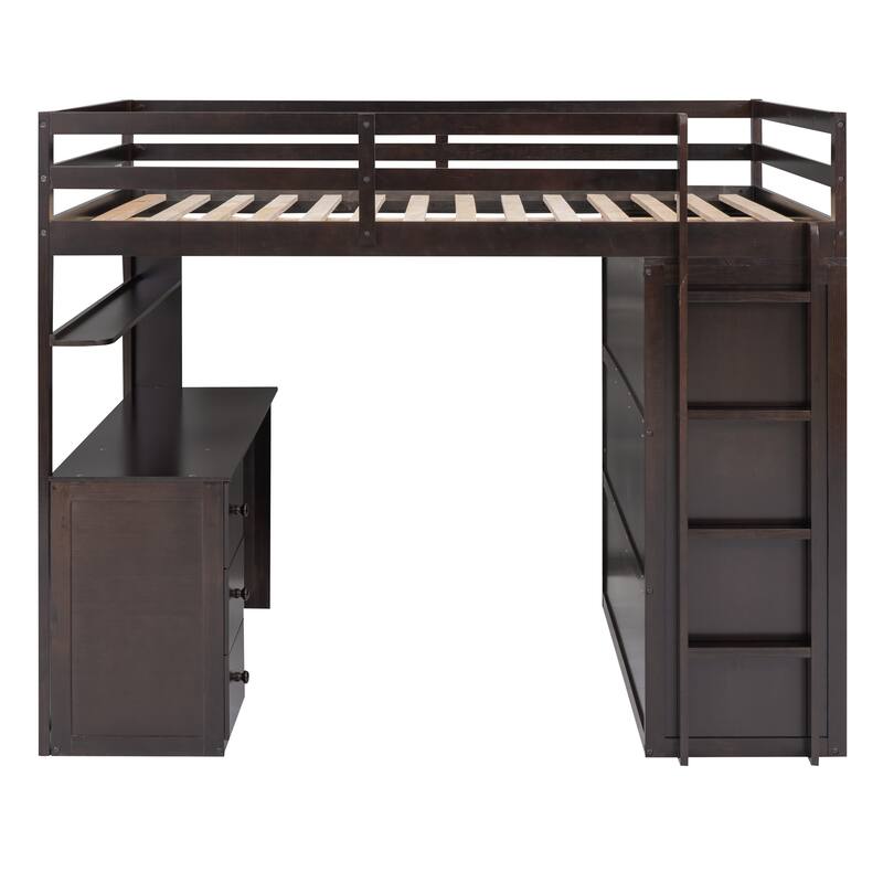 Full Size Loft Bed with Drawers, Desk, and Wardrobe in Espresso