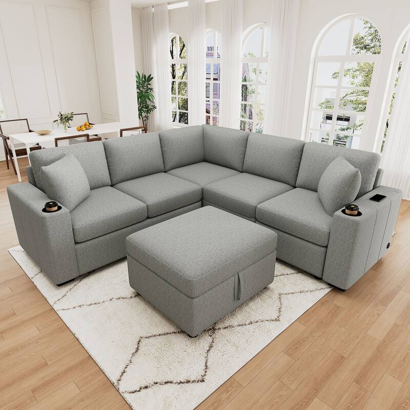 84.7" Sectional Sofa Convertible Pull-out Sofa Bed L-shaped Sofa U-shaped Sofa with a Movable Storage Ottoman - Gray