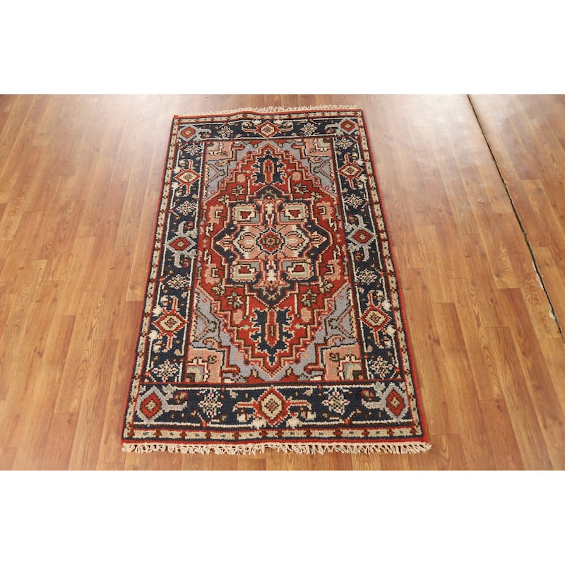 Hand Knotted Oriental 100% Wool Carpet Traditional Medallion Oranges & Rust Heriz (serapi) Area Rug - 4' 11'' X 3' 0''