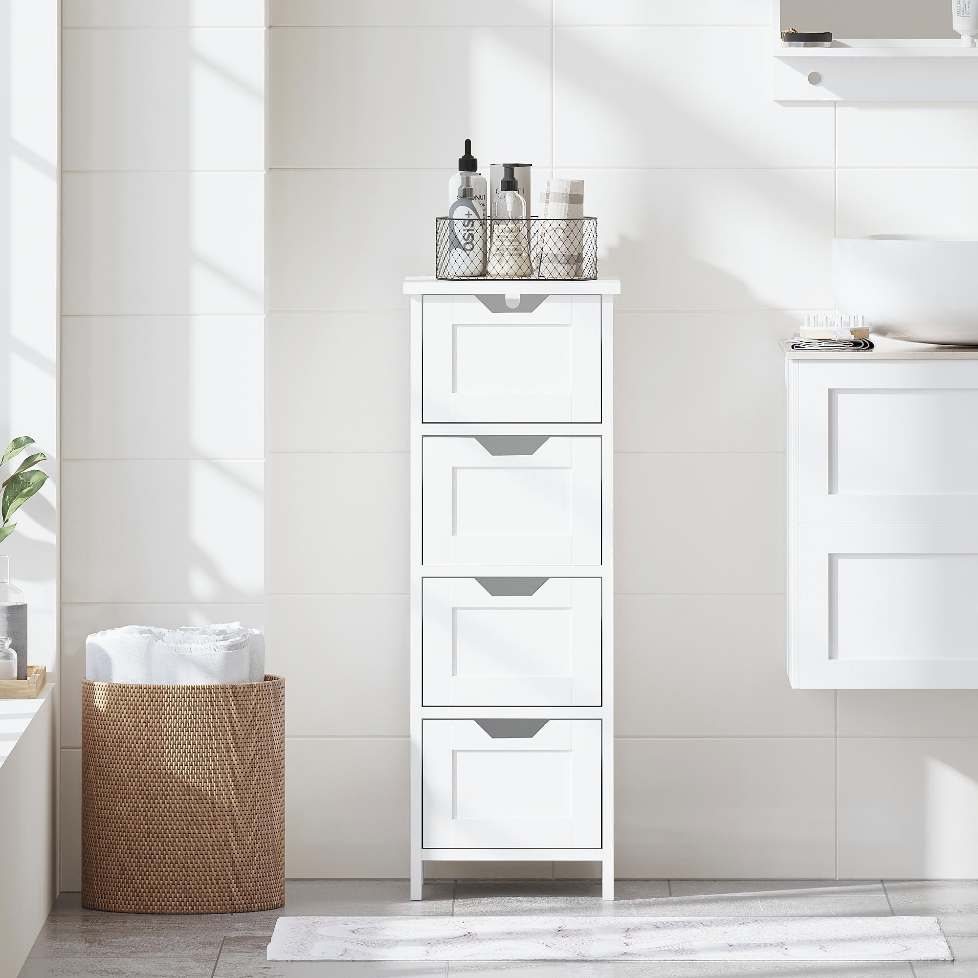 Bathroom Floor Cabinet with 4 Drawers, Freestanding Wooden Storage Organizer, Narrow Side Cabinet with Space-Saving Design