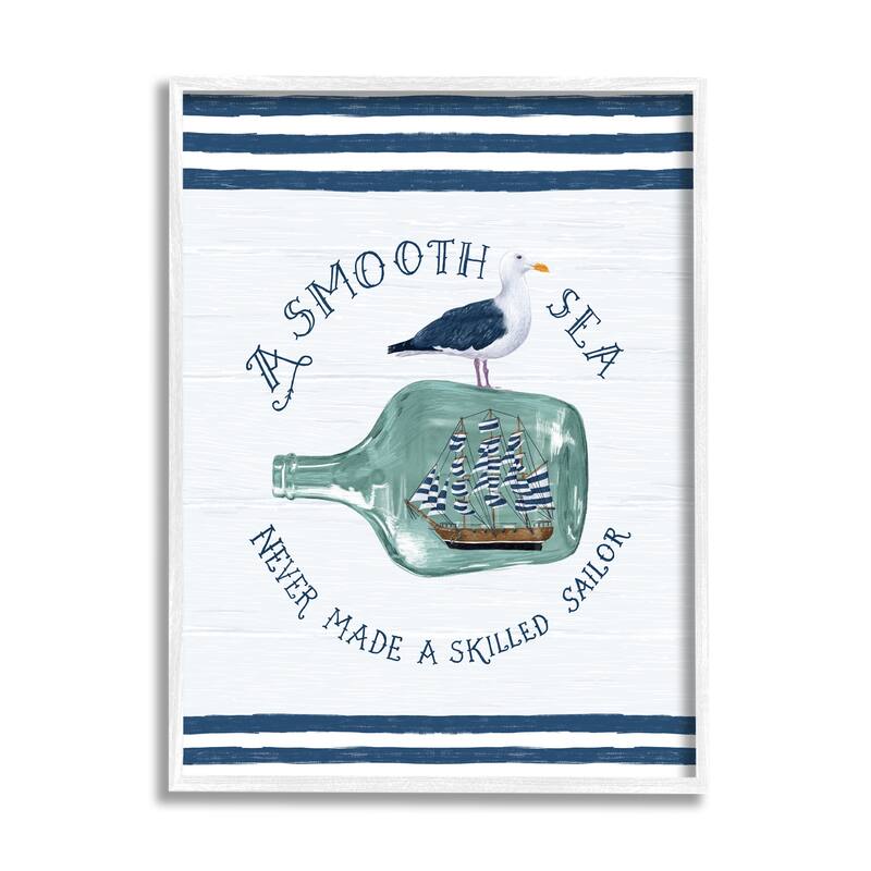 Stupell Ship In Bottle Seagull Striped Nautical Phrase Framed Wall Art, Design by Raquel Maciel - Blue - 11 x 14 - White
