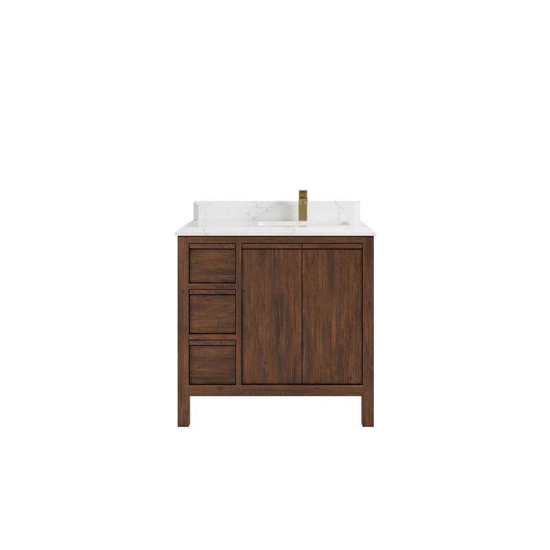 Willow Collections 36 in. W x 22 in. D Elizabeth Solid Teak Right Offset Sink Bathroom Vanity with Countertop - 1.5" Empira White - Dark Walnut