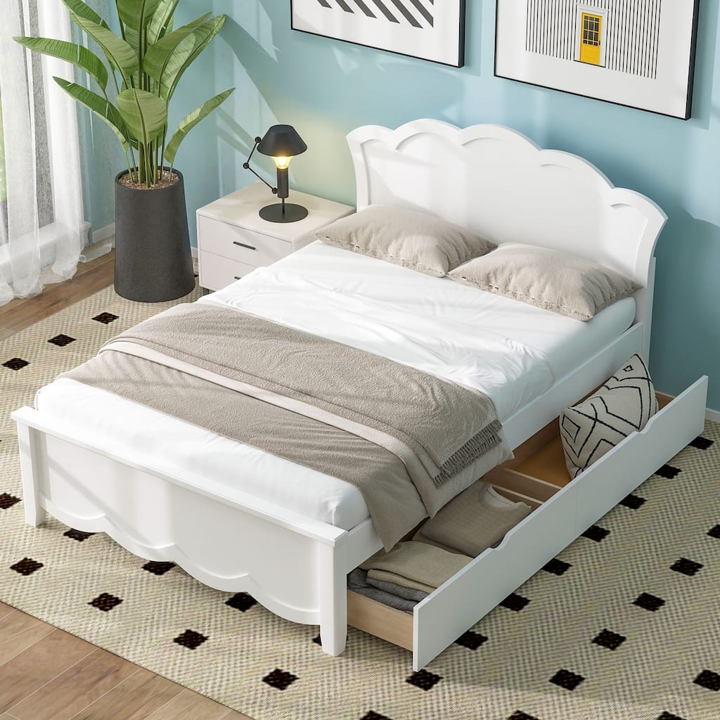 Full Size Wood Platform Bed with Headboard and Two Drawers,White