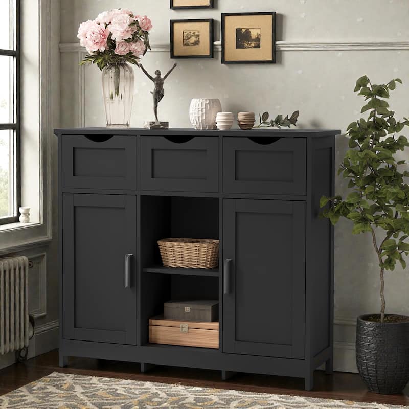 Wooden Storage Cabinet with Drawers and Adjustable Shelves, Floor Accent Cabinet for Living Room Bedroom