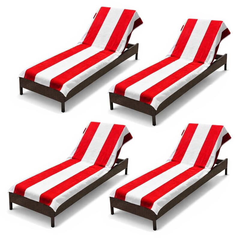100% Cotton Cabana‑Stripe Lounge Chair Cover Terry Towel with Fitted Pocket & Back Flap Set of 4