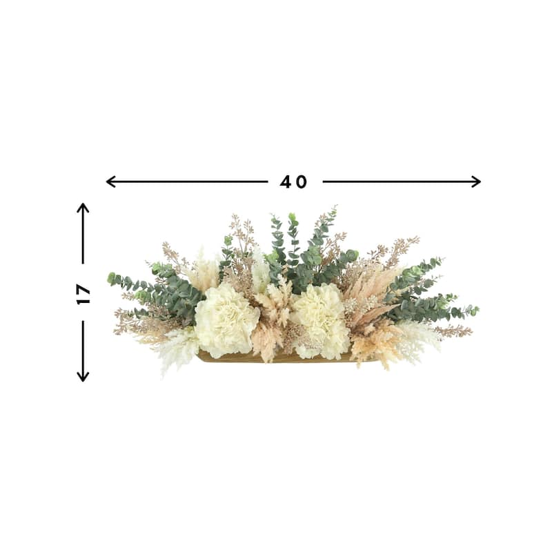 Hydrangeas, Pampas and Eucalyptus Arrangement in a Wood Planter - Cream, Beige, Pink, Green