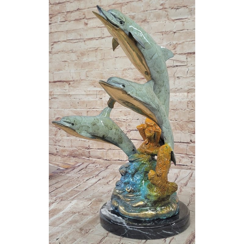 Colorful Bronze Sculpture Of Three Imitative Dolphins Leaping From Water - Signed Numbered Marine Life Art