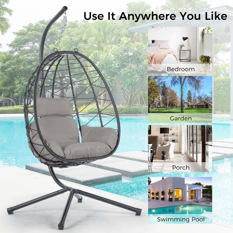Patio Wicker Hanging Egg Chair with Stand, Swing Chair for Balcony