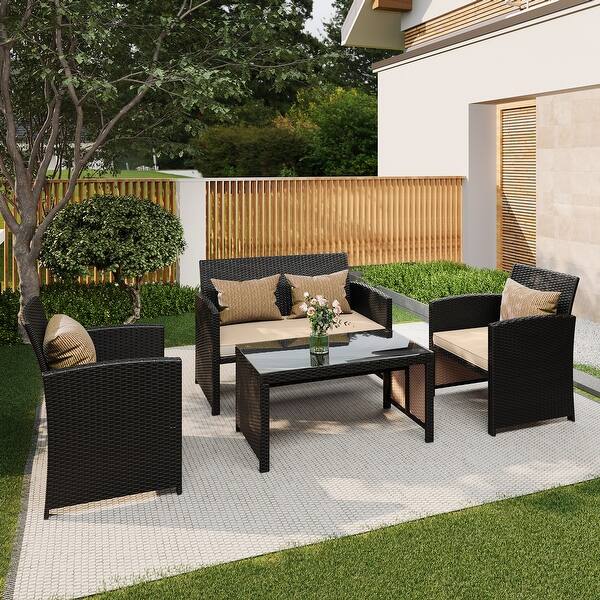 EROMMY 4-Piece Patio Furniture Set with Cushions, Wicker Sofa and Glass Coffee Table, All-Weather PE Rattan Conversation Set.