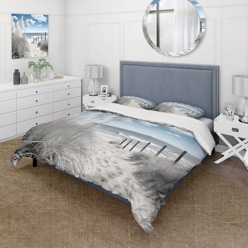 Designart "Beach Seascape Dreams Path II" Grey Coastal - Bed Cover Set With Shams