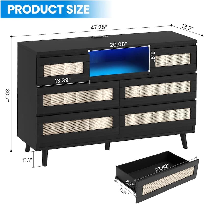Natural Rattan Dresser for Bedroom with LED Light and Charging Station