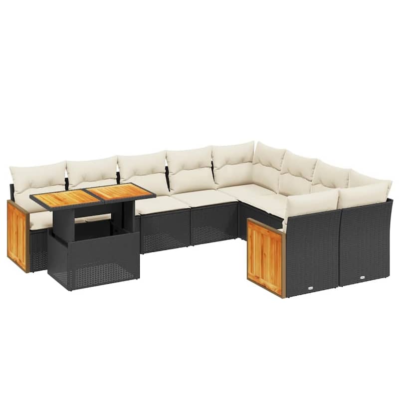 vidaXL 10 Piece Patio Sofa Set with Cushions Black Poly Rattan - 21.7" x 24.4" x 27.2"
