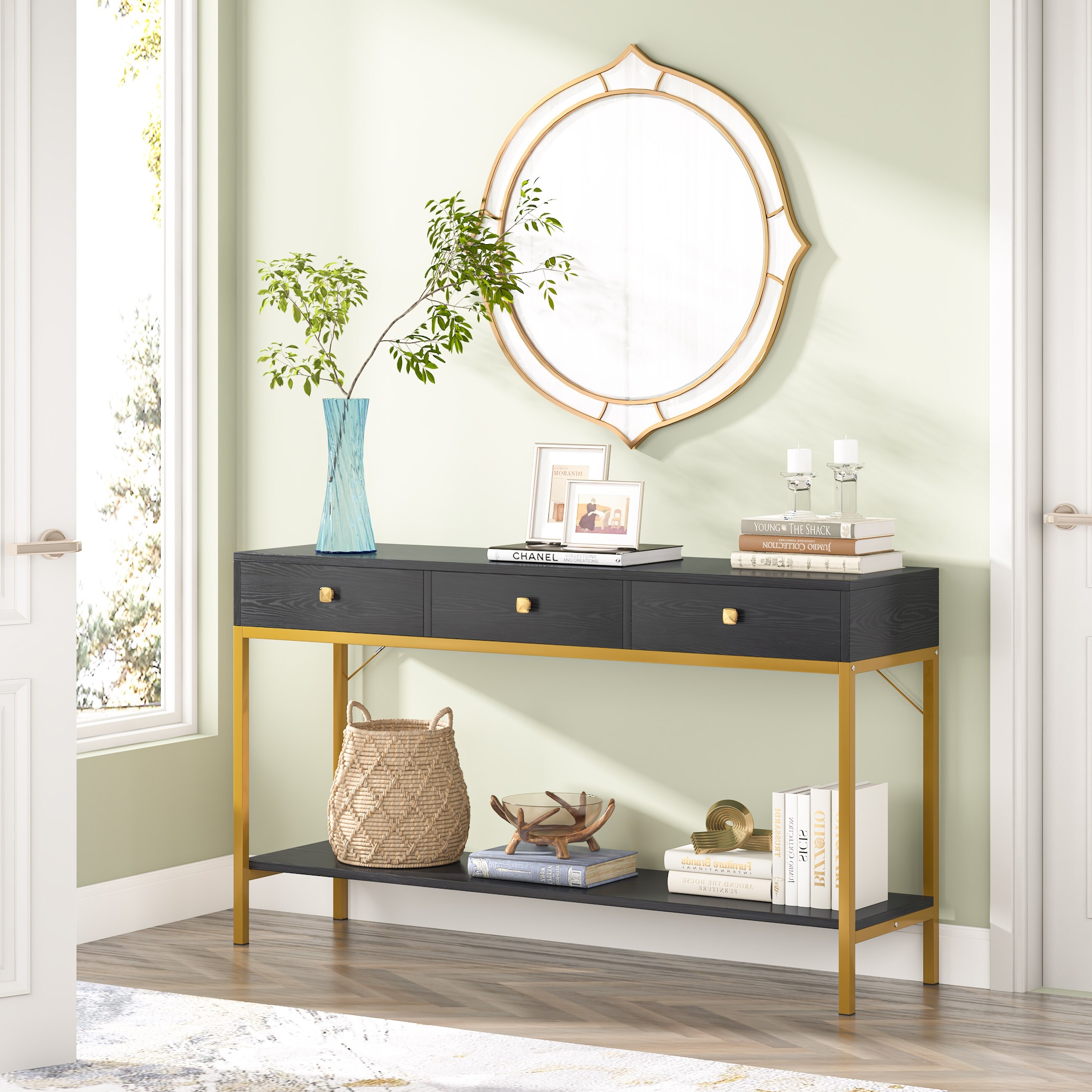Console table with online shelf and drawers