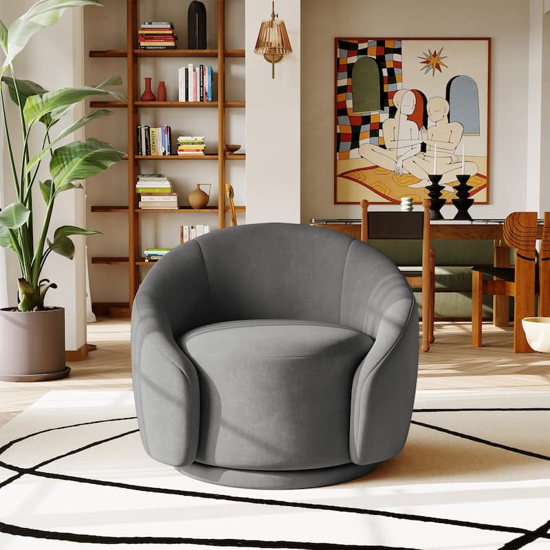 35" Wide Velvet/ Boucle Swivel Barrel Accent Chair