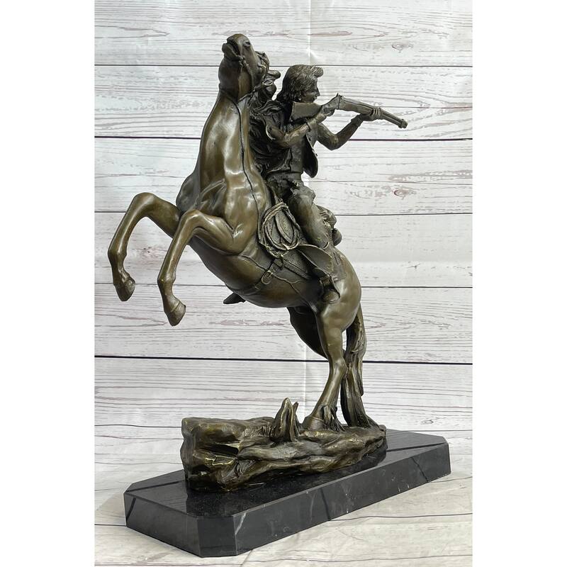 Western Cowboy Firing Rifle From Imitative Horseback Bronze Statue Sculpture Original Art 14 Inches X 12 Inches