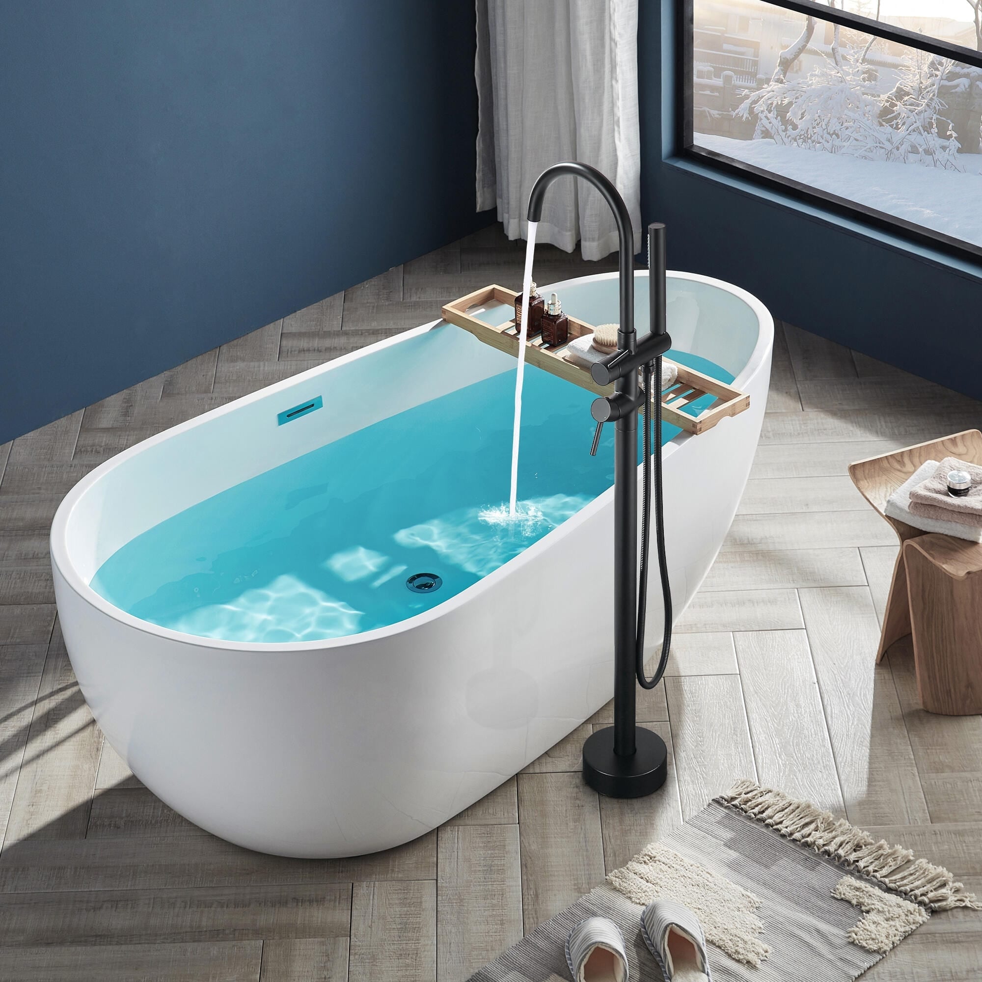 46"H Double Handle Floor Mounted Freestanding Tub Filler with Handheld Shower