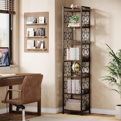 7-Tier Tall Corner Bookcase with Floral Accents, 78.74" Narrow Corner Bookshelf