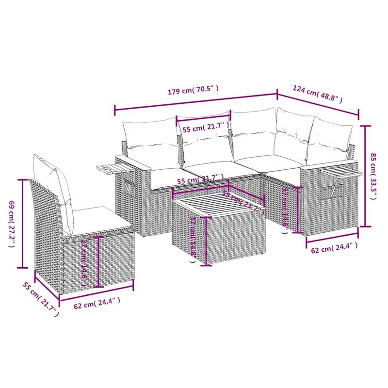 vidaXL 6 Piece Patio Sofa Set with Cushions Grey Poly Rattan (US only) - 70.5x33.5x48.8