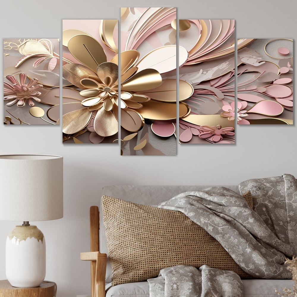 Designart "Liquid Art Gold And Pink Floral Effervescence" Abstract Multipanel Canvas Art Print set