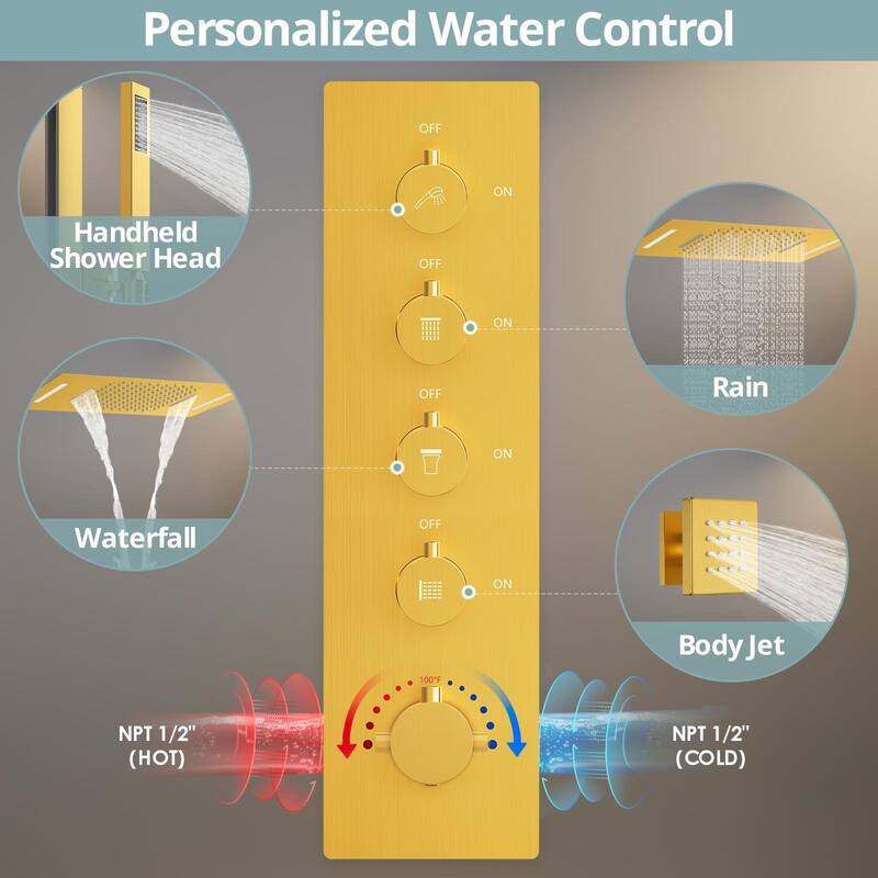 64 LED Thermostatic Shower Faucet 22"x15" Rainfall & Waterfall Shower System 5 Way Digital Display Valve w/ 6 Body Jets