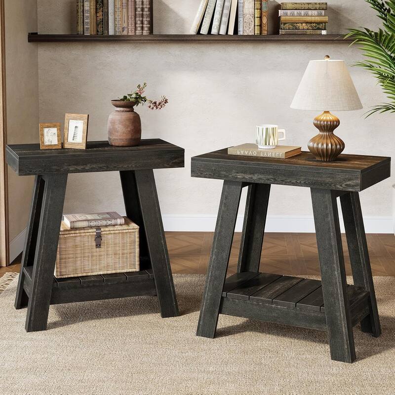 Wooden End Table, Small Sofa Side Table with Storage for Living Room - Grey - 2PCS