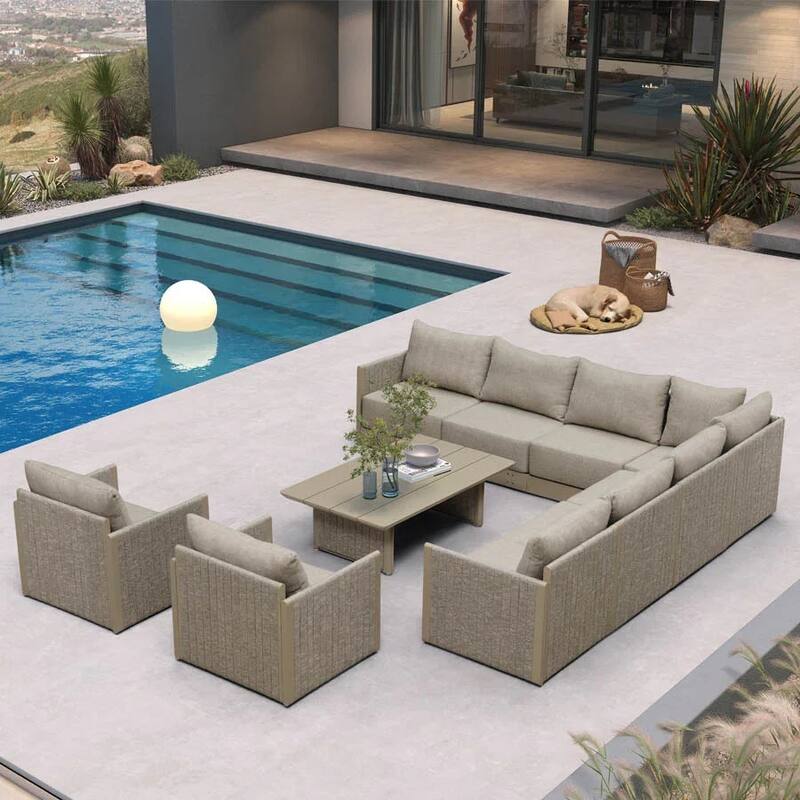 PURPLE LEAF Santori L-shape 7/8/10 Piece Khaki Sofa with Ottoman and Cushion for Poolside Garden Outdoor Patio Conversation Set