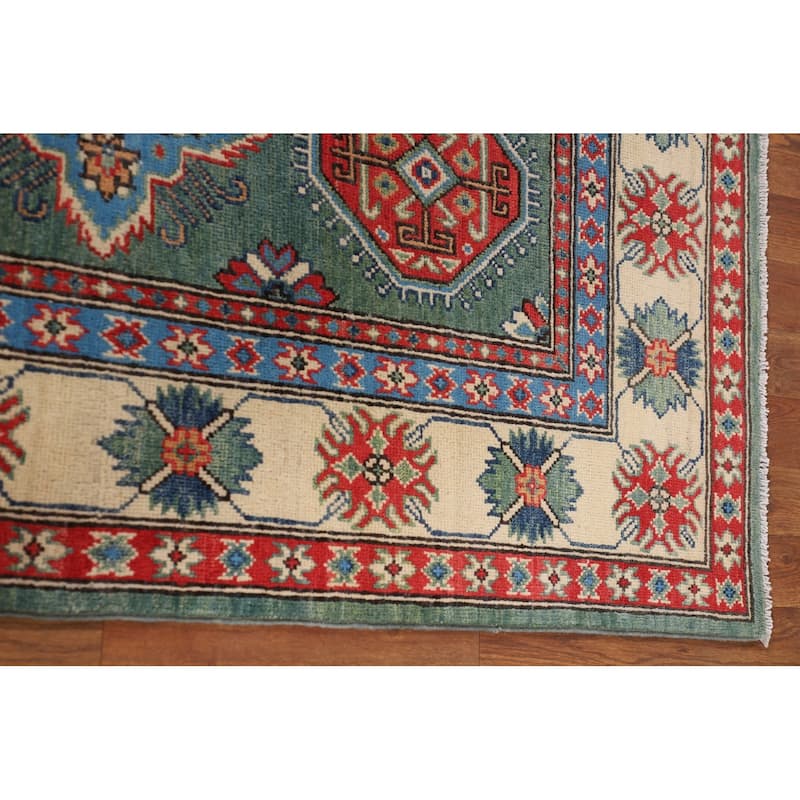 Kazak Oriental Area Rug Handmade Green Geometric Wool Carpet - 5'1" x 7'3"