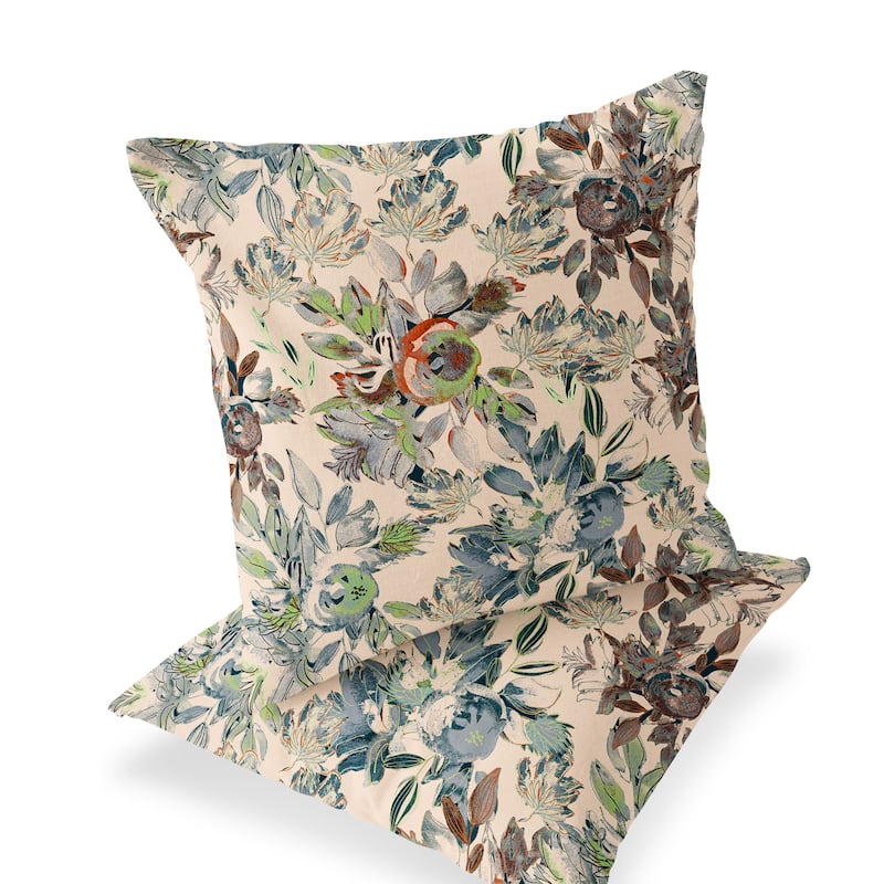 HomeRoots Set of Two 16" X 16" Green and Brown Blown Seam Floral Indoor Outdoor Throw Pillow - 16.00' X '16.00' X '5.00