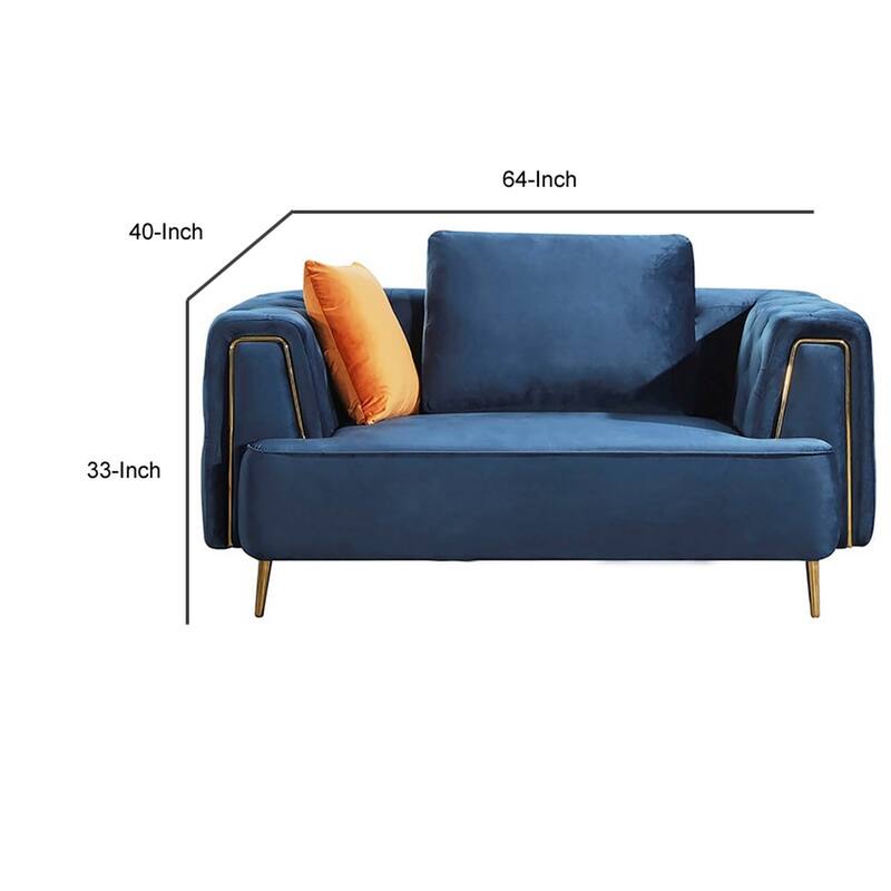 Azia Loveseat, Blue Velvet, Tufted Arms, Golden Accents, Legs 64 Inch