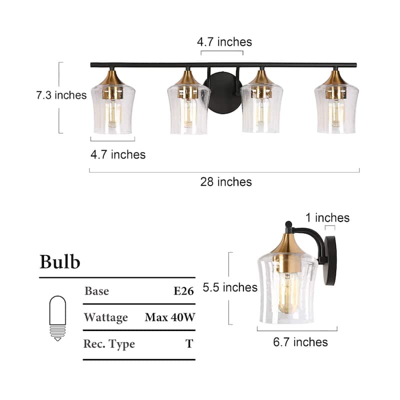 Modern Black Gold 2/3/4-Light Linear Bathroom Vanity Lights with Seeded Glass