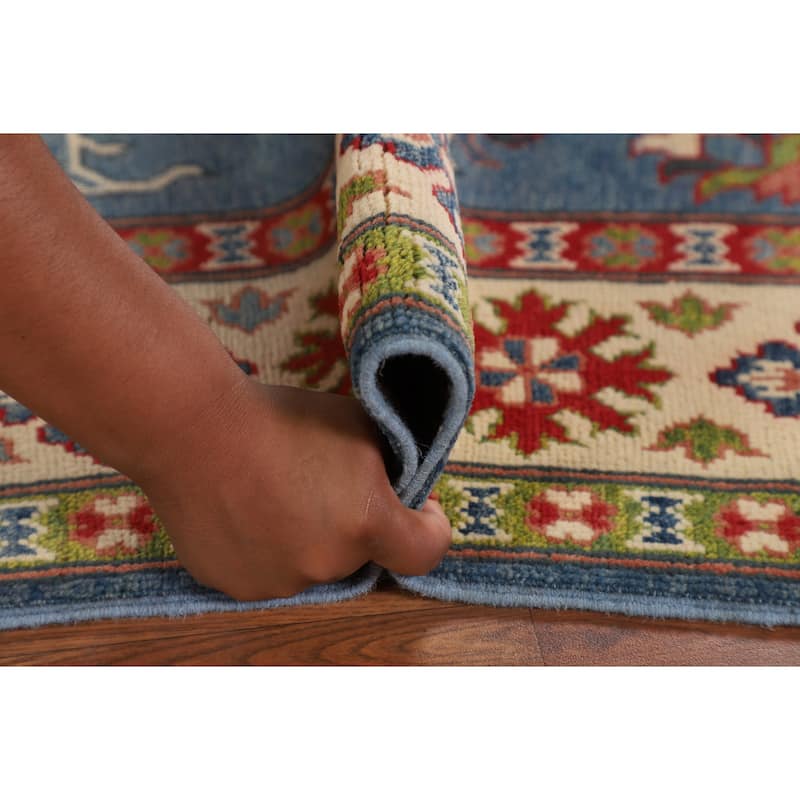 Blue Geometric Kazak Oriental Area Rug Handmade Oriental Wool Carpet - 4'11" x 6'9"