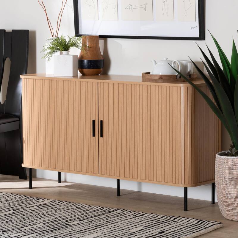 Lucia Fluted Wood Sideboard - Mid-Century Modern Buffet Cabinet with Sliding Tambour Doors, 55" Wide