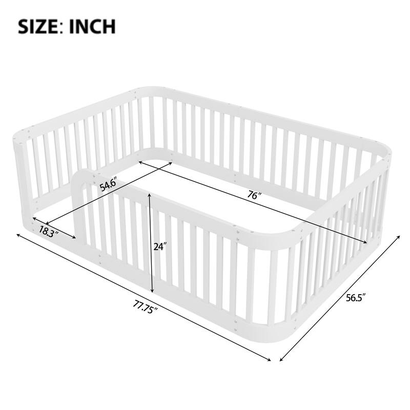 Full Size Wood Floor Bed Frame with Fence, White - Safe and Stylish for Kids
