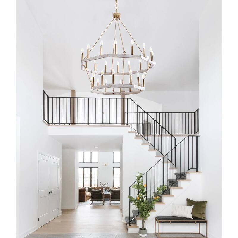 Brushed Gold 28-Light Candle Style 2-Tier Wagon Wheel Chandelier