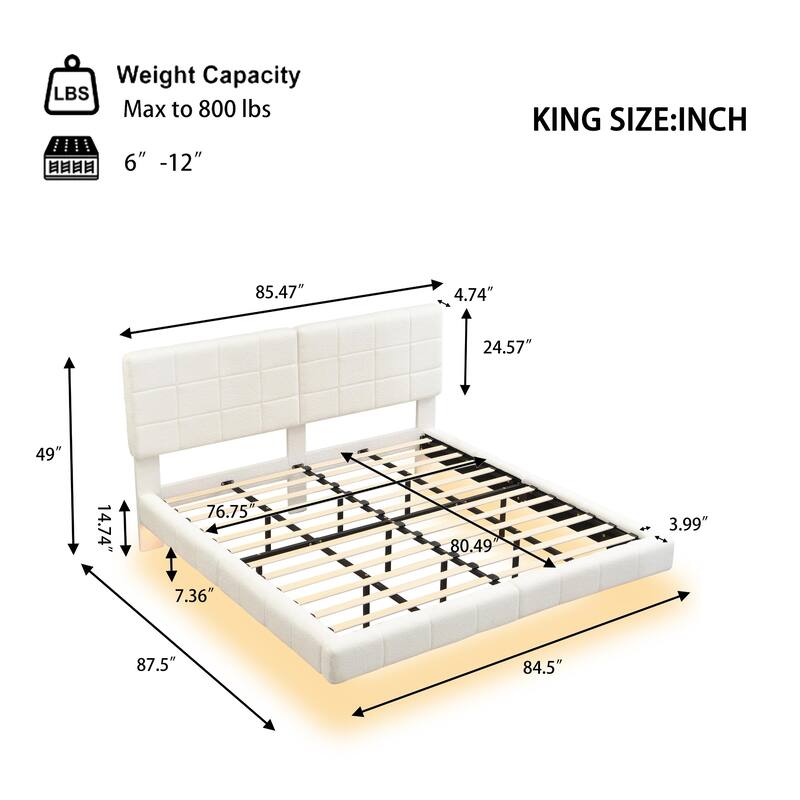 Floating Platform Bed Frame with LED Lights, Headboard, Modern Upholstered Boucle Fabric Bed with Checkerboard Design