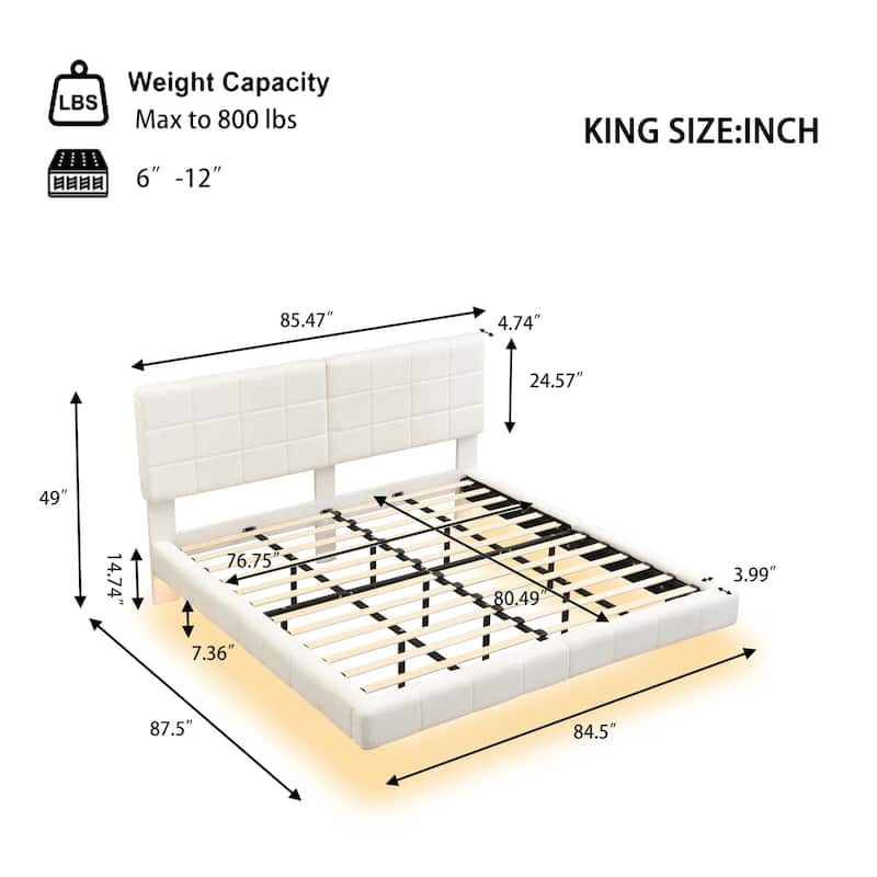 Queen / King White Boucle Floating Bed with LED Mood Lighting and Anti Collision Design