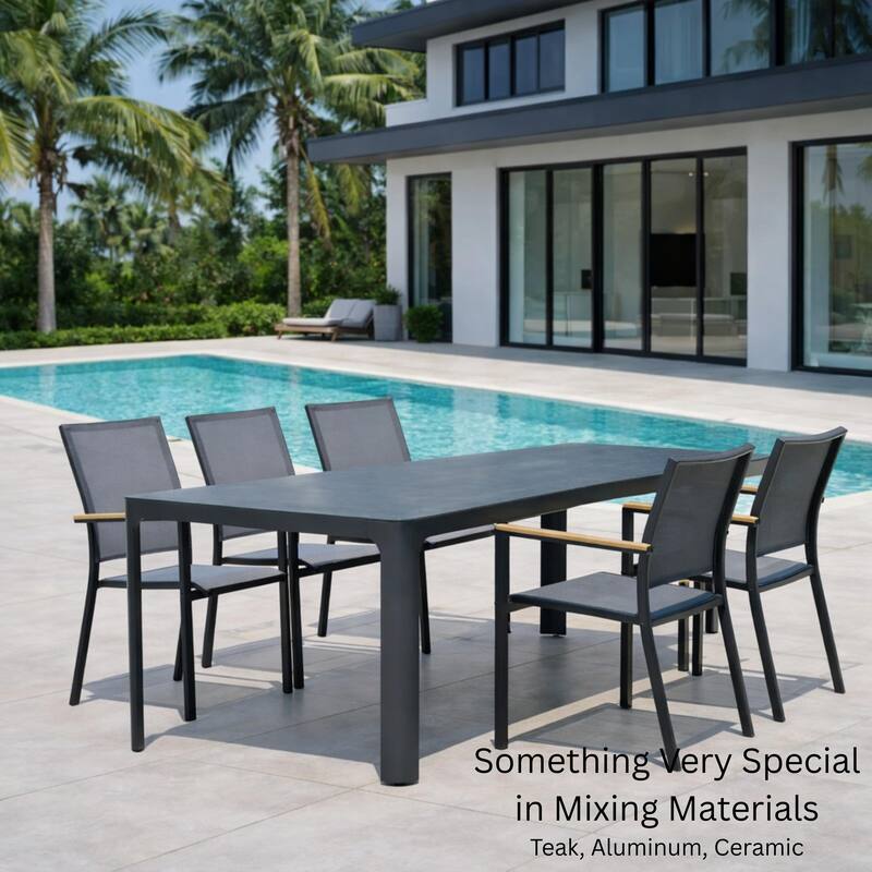 Quay Dark Grey 7-Piece Aluminum Outdoor Dining Set with Tribeca with Ceramic Glass Table Top - N/A