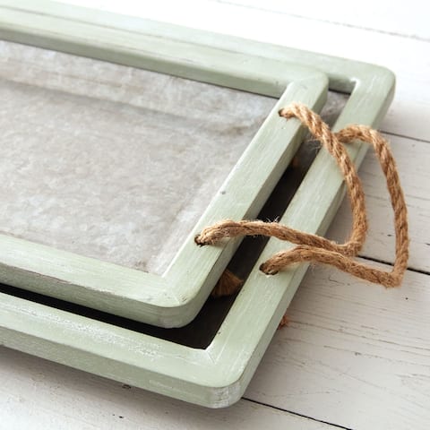 Set of Two Jade Galvanized Trays with Rope Handles - Largest is 20¾''W x 13¾''D x 1½''H