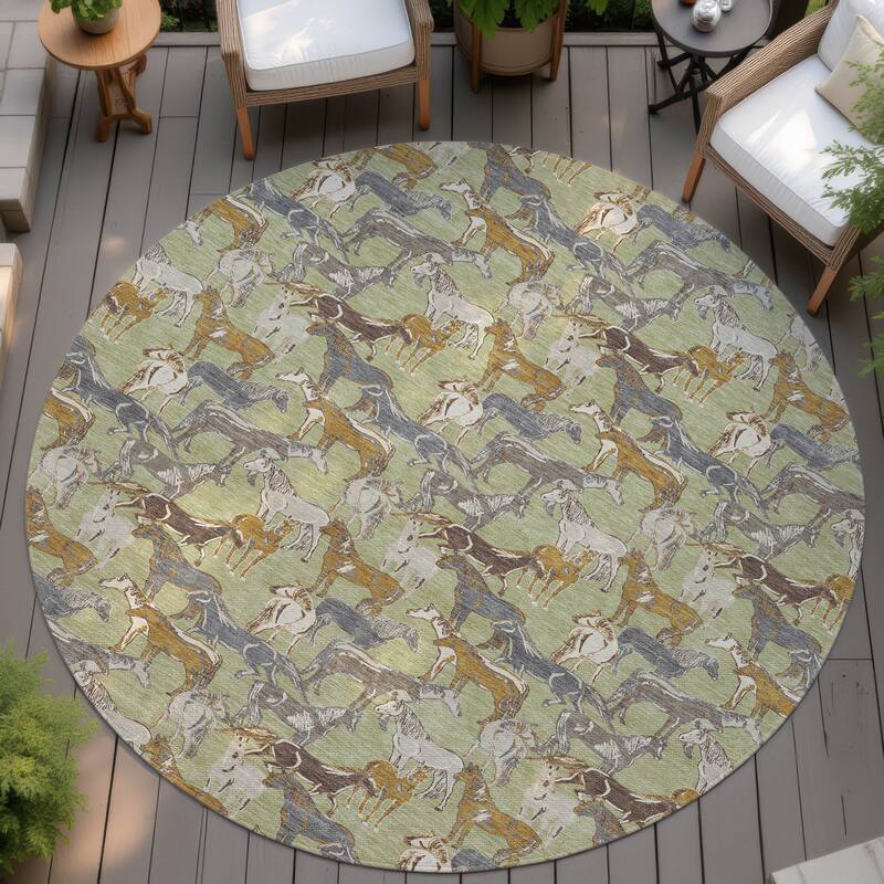 Machine Washable Indoor/ Outdoor Horse Herd Chantille Rug - Aloe - 8' x 8'