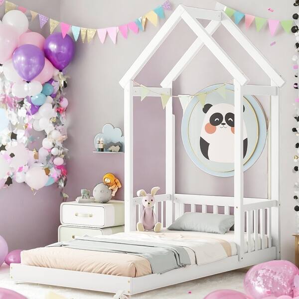 slide 2 of 9, Twin House-shaped Roof Headboard Floor Bed Kidsbed, White White