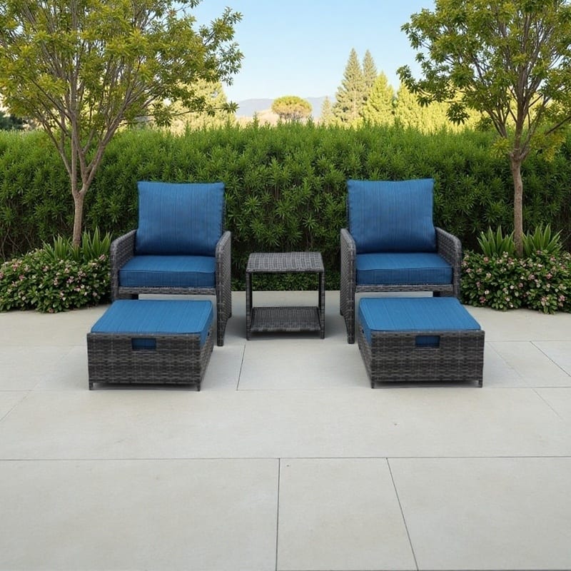 5-Piece Outdoor Wicker Patio Conversation Set with Cushioned Chairs, Space-Saving Ottomans & Coffee Table - Blue