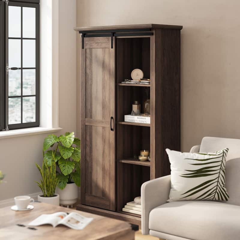 Farmhouse Storage Cabinet with Adjustable Shelves and Sliding Barn Door - 16.75"D x 36.25"W x 68"H