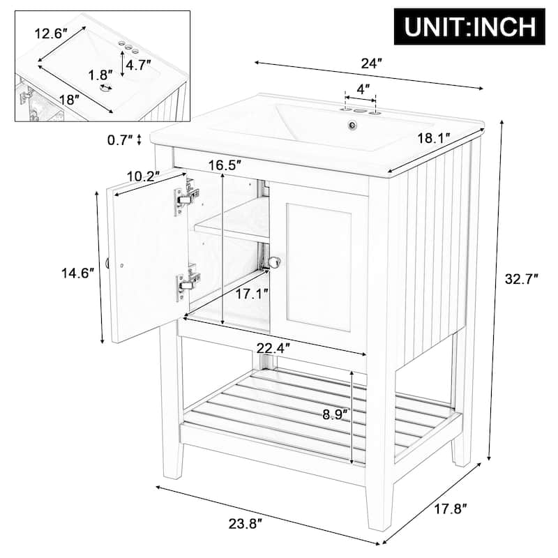24" Bathroom Vanity with Ceramic Sink, Solid Wood Frame & Open Shelf, Freestanding Modern Cabinet