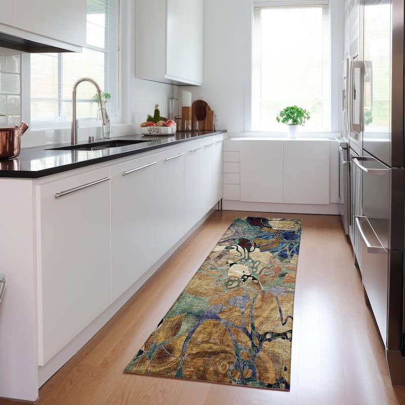 Machine Washable Indoor/ Outdoor Modern Floral Chantille Rug