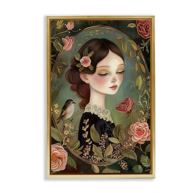 Stupell Vintage Lady & Floral Border Framed Floater Canvas Wall Art Design By The Dutch Lady - 21 x 31 - Gold