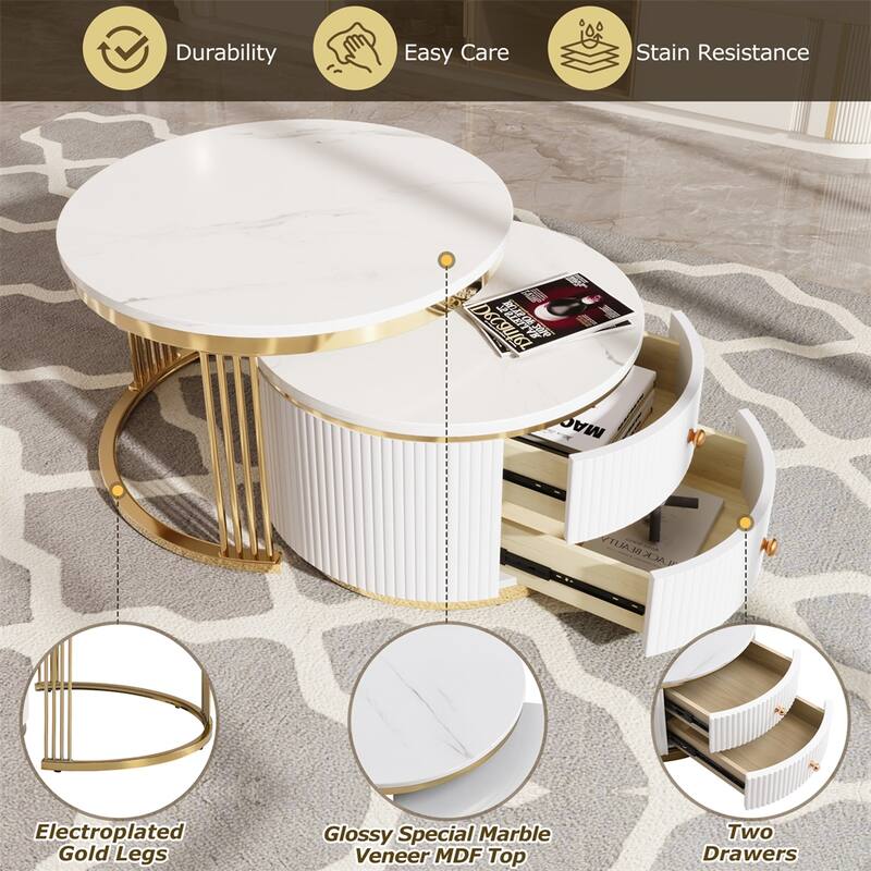 27.6" 2 Pieces Wood Round Nesting Coffee Table with Drawers